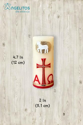 Angelitos de Mexico Religious Prayer Alpha Omega Red Candle, 4.7 x 2 inches, Catholic Ceremonial Candle with Cross Design