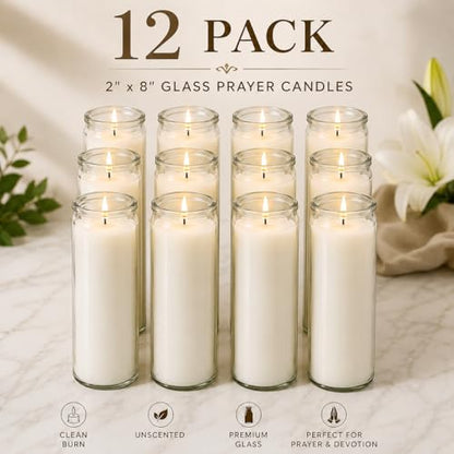White Prayer Glass Candles Unscented, Bundle 12 Pack