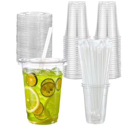 Artpreti 25 Sets 16 oz Clear Plastic Cups with Lids and STRAWS, Disposable Cups for Iced Coffee, Smoothie, Milkshake, Cold Drinks - size: 16 oz - With Lid