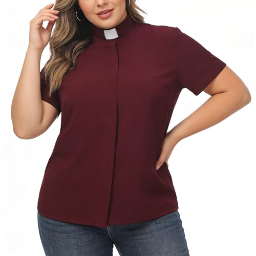 BPURB Women's Clergy Tab Collar Shirt Ministry Blouse - color: Burgundy, size: Medium