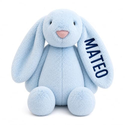 Personalized Embroidered Blue Stuffed Bunny, Plushies, Bunny Toys, Baptism Gifts for Boys, Bunny Stuffed Animal, Cute Plushies, Baby Boy Gift, Loveys for Babies, Plushy (Blue Bunny) - color: Blue Bunny