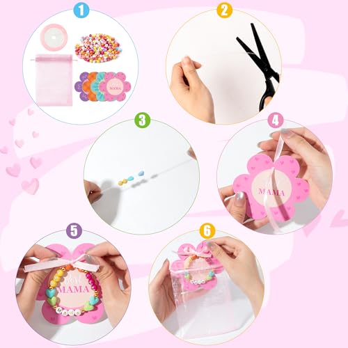 BeYumi Mom Bracelet Craft Kit - 24 Pack Mother's Day Mama Letter Heart Beads Bracelets with Flower Gift Cards and Bags DIY Thankful Craft Kit to Mothers School Classroom Family Party Fun Activities - style: MAMA