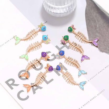 Fish Bone Earrings Drip Oil Animal Earrings Colorful Crystal Sparkly Enamel Earrings Creative Long Fishbone Earstud Dangle Fish Drop Earrings Jewelry for Women - color: Purple