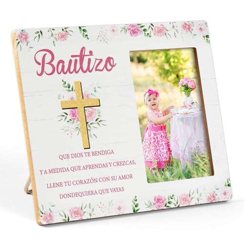 CJiangpo Spanish Baptism Picture Frame - Bautizo Gifts for Girls, Baby Religious Christening Gift Catholic Dedication Baby Shower Keepsake Pink Flower Wood Photo Frame from Godparents Friends Family