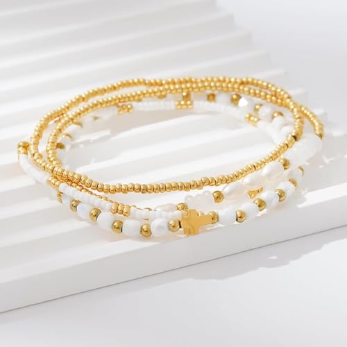 Gold Beaded Bracelets Stack for Women Stackable 14K Gold Plated Beads Ball Cross Bracelet Boho Christian Jewelry Faith Friendship Birthday Gifts for Women - color: White Crystal