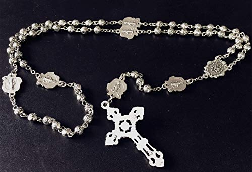 elegantmedical HANDMADE Silver rose beads Catholic 5 DECADE Rosary case Cross Gift Box Italy crucifix cross