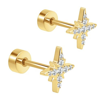 XUU 20G Flat Back Stud Earrings ASTM F136 Titanium & Sparkling CZ - color: gold cross star