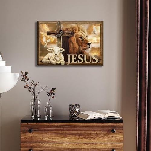 Jesus Christian Canvas Wall Art Vintage Judah Lion and Lamb God Religious Faith Poster Print Artwork Cross Bible Art Redemption Painting Picture for Living Room Bedroom Church Decor 16x24in canvas - size: 24"L x 16"W