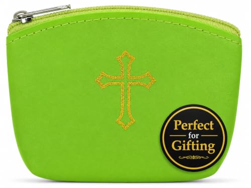 Green Rosary Pouch with Zipper & Gold St. Thomas Cross Imprint | Compact Leatherette Rosary Case for Small to Medium Rosaries | Protective Travel Rosary Holder for Men & Women - color: Green