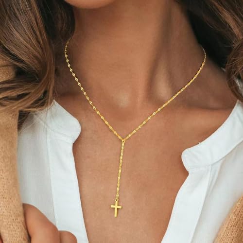 925 Sterling Silver Dainty Cross Lariat Necklace for Women - color: Gold