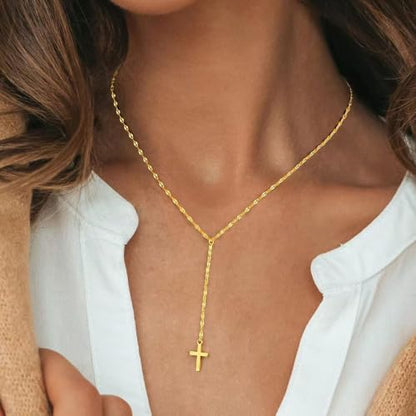 925 Sterling Silver Dainty Cross Lariat Necklace for Women - color: Gold