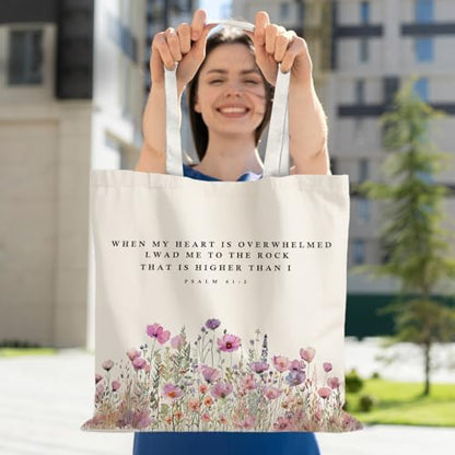 God Says You are Christian Canvas Tote Bags for Women, Inspirational Christian Gifts for Women - color: Floral Christian Psalm 61:2