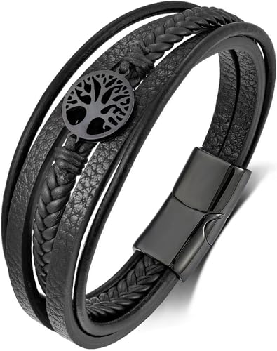 YL Mens Cross Viking Celtic Ankh Odin Compass Life Tree Leather Bracelet, 18K Gold/Black Rhodium Stainless Steel Christian Religious Protection Talisman Brown Cuff Handcrafted Jewelry Gifts - color: Black Rhodium-Life Tree-Black, size: 8.3"(210mm)