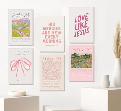 6Pcs Christian Wall Art Pink Bible Verse Scripture Wall Decor Framed - size: 12x16 in Wrapped Canvas