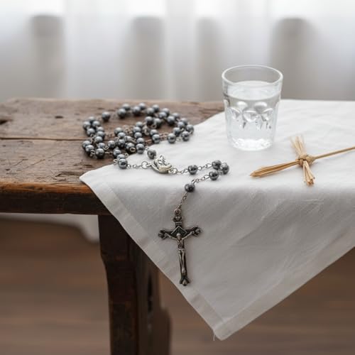 Nazareth Store Hematite Rosary Beads Black Stone Catholic Rosary Necklace with Jerusalem Holy Soil & Cross Antique Religious Rosaries Beads Collection - color: Black
