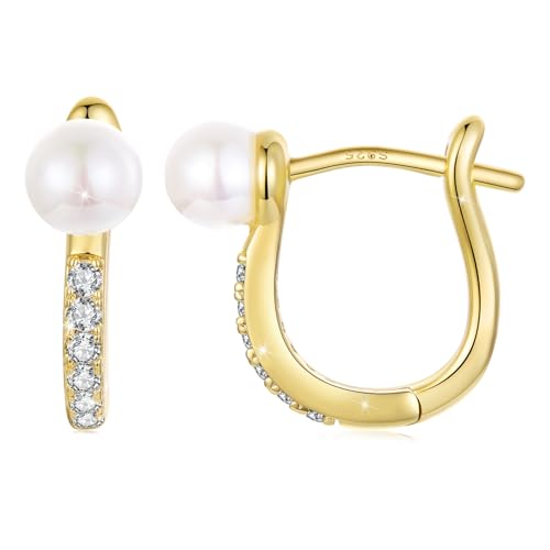 Turquoise Cross Hoop Earrings for Women 14K Gold Plated Infinity Angel Feather Pearl Turquoise Cross Star Hypoallergenic Post Christan Everyday Huggie Jewelry Gift - color: Gold Pearl