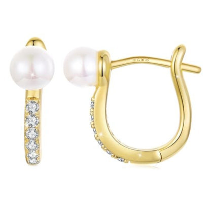 Turquoise Cross Hoop Earrings for Women 14K Gold Plated Infinity Angel Feather Pearl Turquoise Cross Star Hypoallergenic Post Christan Everyday Huggie Jewelry Gift - color: Gold Pearl