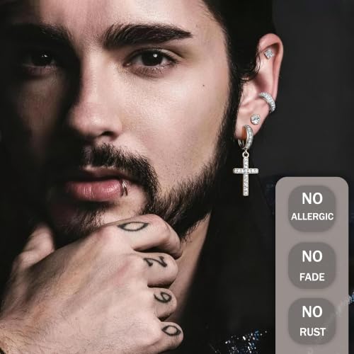 7 Pairs Stainless Steel Earrings for Men Women CZ Stud Hoop - color: Silver