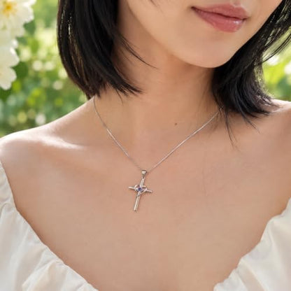 Cross Heart Necklace, 18K Gold Plated Crystal Pendant for Women - color: White-Tanzanite