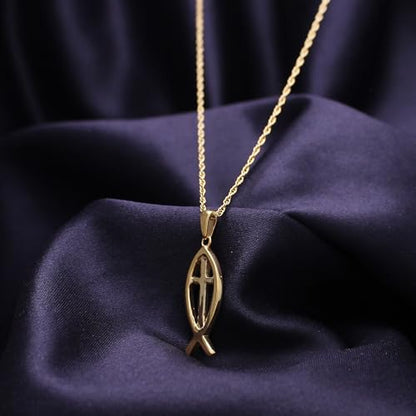 Christian Fish Cross Pendant Necklace for Women Religious Faith Jewelry - color: yellow-gold-plated-silver