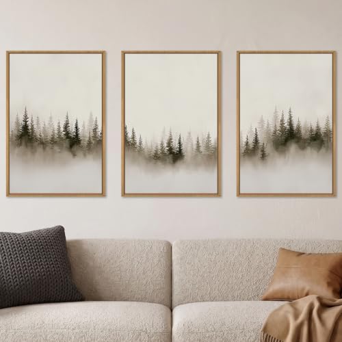 Abstract Neutral Gray Forest Landscape Framed Canvas Wall Art Set, Watercolor Foggy Woodland Wall Decor, Modern Minimalist Misty Pine Tree Artwork for Living Room, Farmhouse, Office- 16"x24"x3 - color: Neutral Gray Misty Forest Wall Art, size: 16"L x 24"W