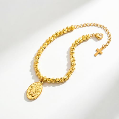 Rnivida 14K Gold Plated Stainless Steel Catholic Rosary Bracelet for Women,Religious Gift for Confirmation Baptism First Communion Easter - color: Gold