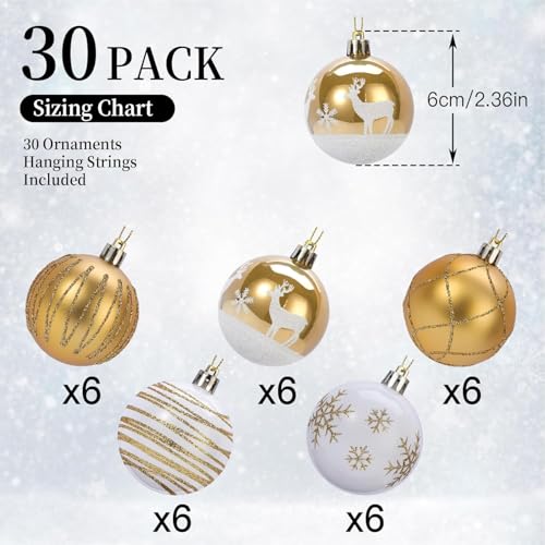 SHareconn 30ct 2.36 Inch Christmas Tree Balls Ornaments, Gold & White, 60mm - color: Gold & White, size: 2.36 inch