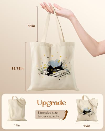 Miss Adola Canvas Tote Bag for Women – Aesthetic Canvas Bag with Zipper Cute Stylish Reusable Shoulder Totes for Shopping Work Daily Vacation, Cat Read - color: Cat Read