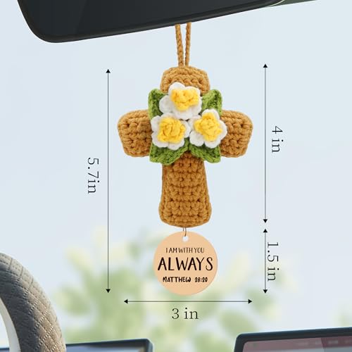 Crochet Cross with Flowers – Christian Car Air Freshener, Rearview Mirror Hanging Accessories, Bible Verse Car Decor, Christian Car Accessories, Religious Gifts for Women