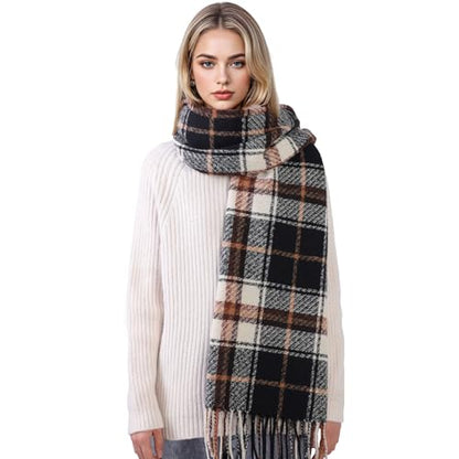 Clothirily Womens Winter Scarf, Oversized Long Blanket Plaid Shawl Wrap - color: Khaki & Black Plaid