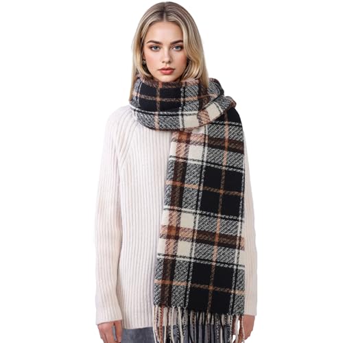 Clothirily Womens Winter Scarf, Oversized Long Blanket Plaid Shawl Wrap - color: Khaki & Black Plaid