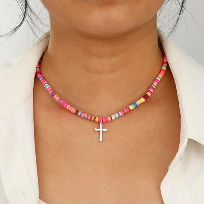 Colorful Beaded Cross Necklace for Girls Women, 14K Gold Plated Pendant Baptism Birthday Christian Religious Confirmation Trendy Stuff Gift 16+3 Inches - color: Silver, style: Soft Bead