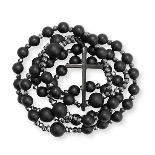 Nazareth Store Jasper Rosary Necklace – Catholic Handmade Rosary with Stone Beads, Hematite Spacers, and Black Alloy Cross – Durable Prayer Beads for Men and Women - color: Black onyx