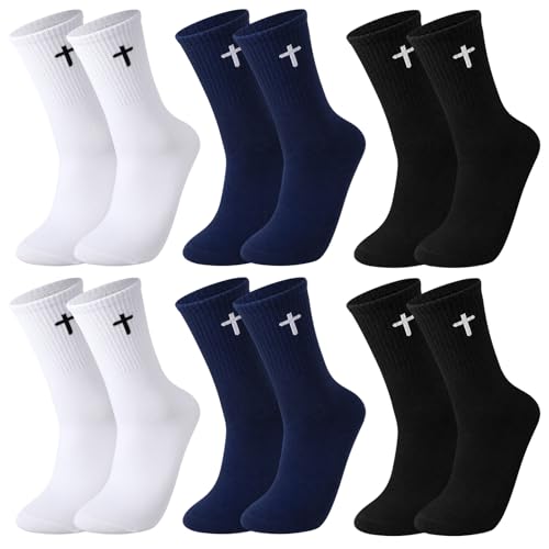 6 Pairs Cross Socks for Men US 7-9 Christian Pastor Crew Socks - color: Black, White, Dark Blue