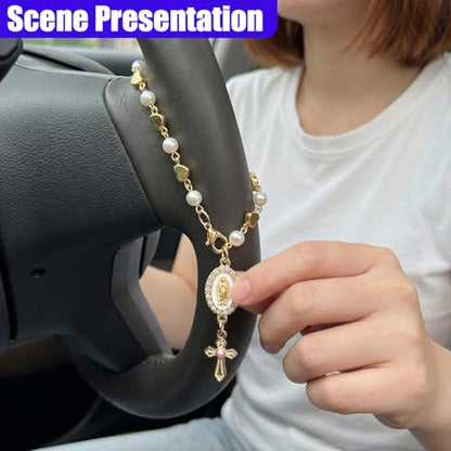 Heart & Rosary Car Steering Wheel Rosary Charm, Alloy Cross Religious Rear View Mirror Charm, Personalized Car Mirror Hanging Accessories for Most Cars (Heart) - size: Heart