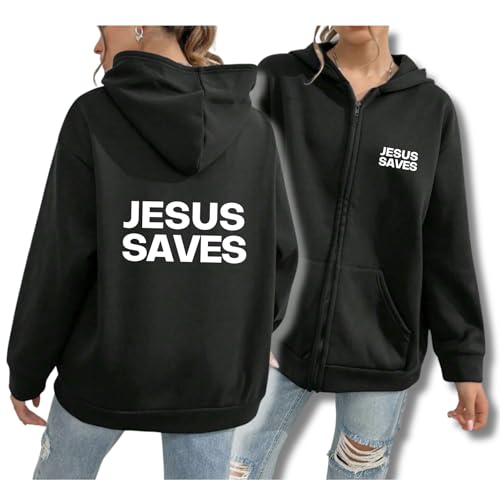 JESUS SAVES ZIP UP Hoodie, Unisex Christian Pullover Double Sided Zipup Sweatshirt with Front Pockets - color: Black, size: Small