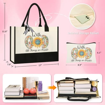 Tecanne Christian Gifts for Women, Canvas Tote Bag with Makeup Bag - color: Christian Gifts