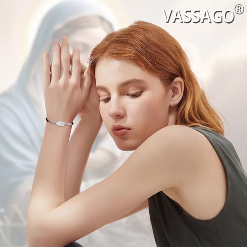 VASSAGO Virgin Mary Bracelet for Women Men Double-Sided Virgen de Guadalupe Rosary Bracelet Medal Handmade Braided Rope Catholic Christian Religious Jewelry Gift - color: silver-black string