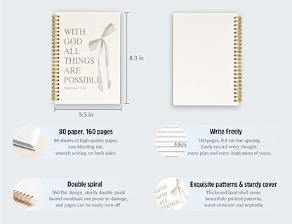 White Bible Journal for Women, A5 Spiral Christian Notebook & Study Supplies, Cute Hardcover Coquette Bow Diary with Scripture Matthew 19:26 for Church Notes, Prayer & Teen Girls, 5.5 x 8.3 Inch - color: (White) Matthew 19:26