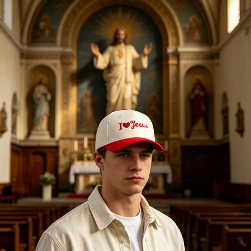 Embroidered Christian Two-Tone Baseball Cap for Men & Women, Adjustable Dad Hat Christmas Easter Gift - color: I Love Jesus Heart, Red/Beige