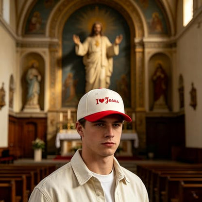 Embroidered Christian Two-Tone Baseball Cap for Men & Women, Adjustable Dad Hat Christmas Easter Gift - color: I Love Jesus Heart, Red/Beige