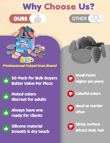 KLT Fidget Toys Bulk for Adults: 50 Pack Texture Worry Stone - Bulk Fidgets for Student Classroom Prizes - Quiet Stress Toys for Autism Calming - Goodie Bags Stuffers for Gifts Office - size: 2.7 inches