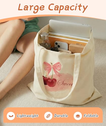 Women's Canvas Tote Bags with Inner Pockets & Metal Snap, Reusable Tote Bag for Girl's Vacation Travel Gym Shopping - color: Cherry 2
