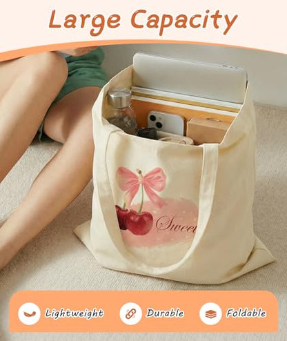 Women's Canvas Tote Bags with Inner Pockets & Metal Snap, Reusable Tote Bag for Girl's Vacation Travel Gym Shopping - color: Cherry 2