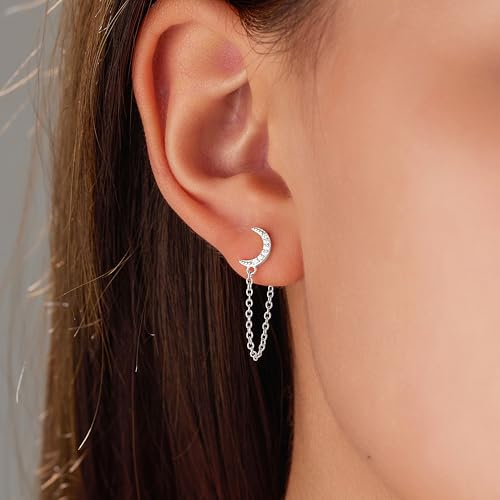 925 Sterling Silver CZ Moon Cross Heart Teardrop Chain Earrings for Women - color: Moon--Silver