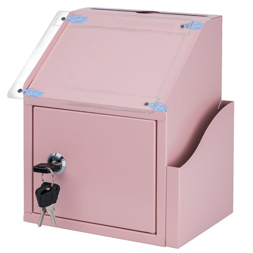 Suggestion Box with Slot and Lock, Secure Metal Ballot Box for Donation or Comment Collection, Wall Mounted or Countertop Donation Boxes for Fundraising, For Office, School, or Event Use (Pink) - color: Pink