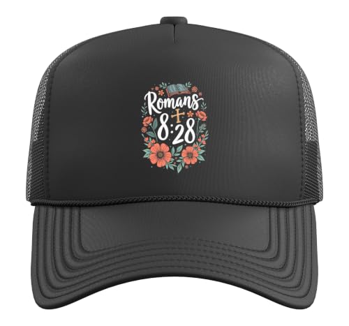 Romans 8:28 Bible Verse Flowers Cross Christian Women Trucker Hat with Adjustable Mesh Back - color: Black