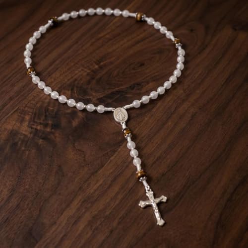 Nazareth Store 8mm White Jade & 10mm Natural Stone Beads Rosary Necklace St. Miraculous Medal & Cross Crucifix Catholic Prayer Beads Religious Jewelry - color: Tiger Eye
