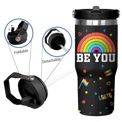 Rainbow Pride Flag Tumbler, Retro Be You Travel Mug, Gay Pride Cups Lesbian Gifts for Women Men, 30 Oz Stainless Steel Tumbler With Handle & Straw, LGBTQ Awareness Month Gifts - color: LGBTQ Awareness Tumbler-2