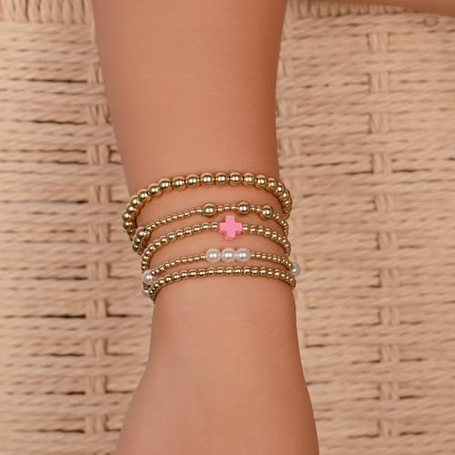 Gold Beaded Pearl Cross Bracelets Stackable Christian Stretch Jewelry Set - color: Hot Pink